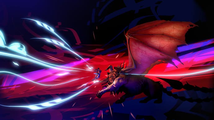 Prince of Persia The Lost Crown official screenshot showing Sargon battling a winged monster boss, using a super attack in a flashy cutscene animation against a black and purple background.