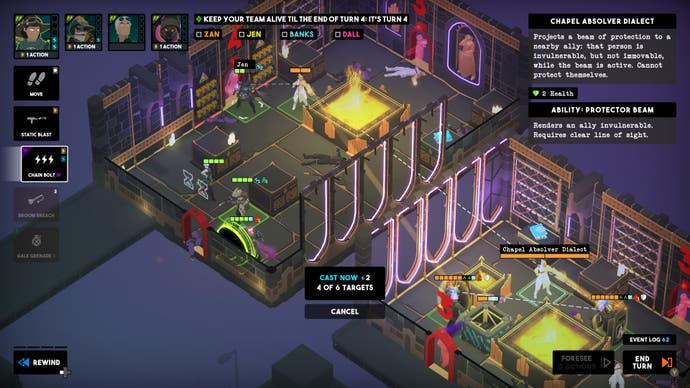 Tactical Breach Wizards screenshot showing a complex, two-floor pair of rooms with grid layout, curved windows and soft neon lighting. Lots of tactical UI elements overlap it.