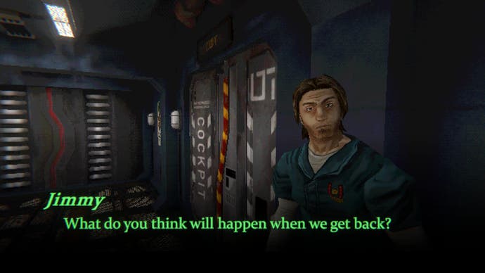 A man named Jimmy talks to the player outside the cockpit entrance in Mouthwashing.