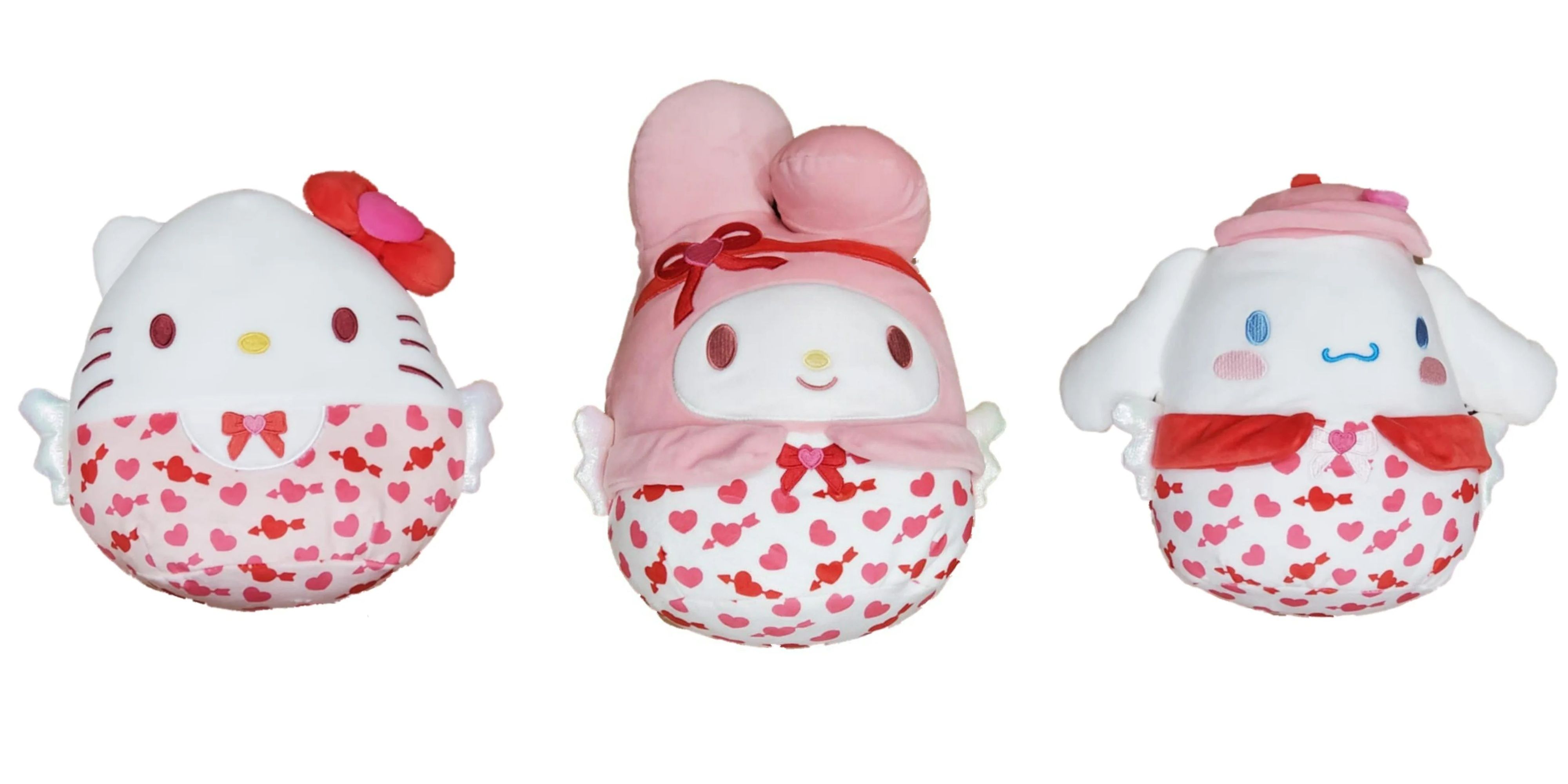 hello kitty, my melody, and cinnamoroll valentine's day squishmallows.