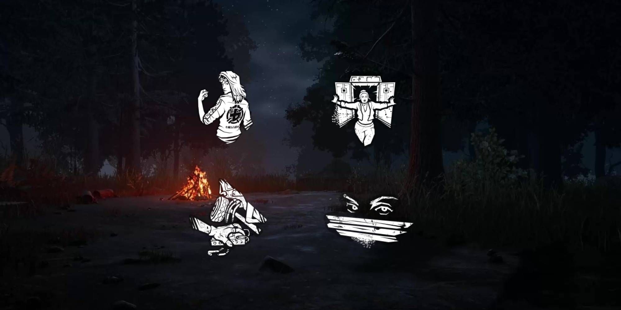 Dead by Daylight campfire background with four perks icons