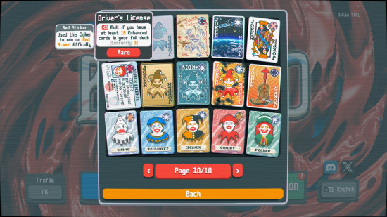 Favorite Balatro Jokers: a screen showing many special Joker playing cards, with Driver's License highlighted.