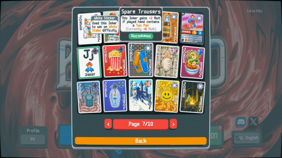 Favorite Balatro Jokers: a screen showing many special Joker playing cards, with Spare Trousers highlighted.