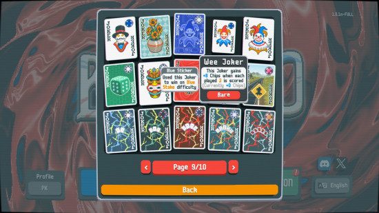 Favorite Balatro Jokers: a screen showing many special Joker playing cards, with Wee Joker highlighted.