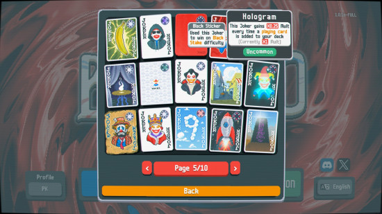 Favorite Balatro Jokers: a screen showing many special Joker playing cards, with Hologram highlighted.