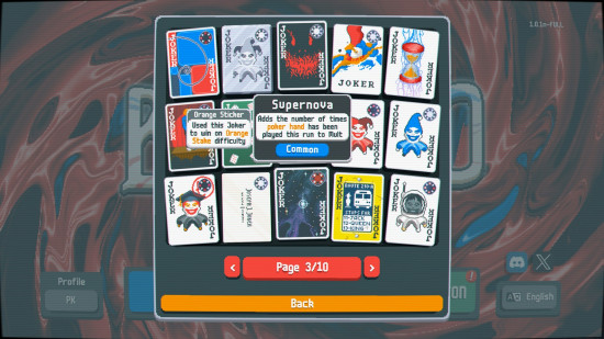 Favorite Balatro Jokers: a screen showing many special Joker playing cards, with Supernova highlighted.