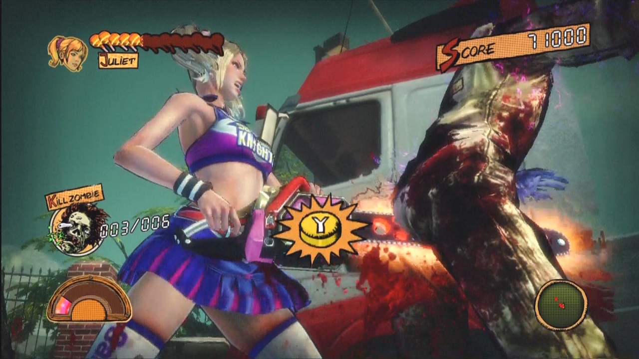 Juliet Starling wears a cheerleader outfit as she chainsaws a zombie in half in Lollipop Chainsaw