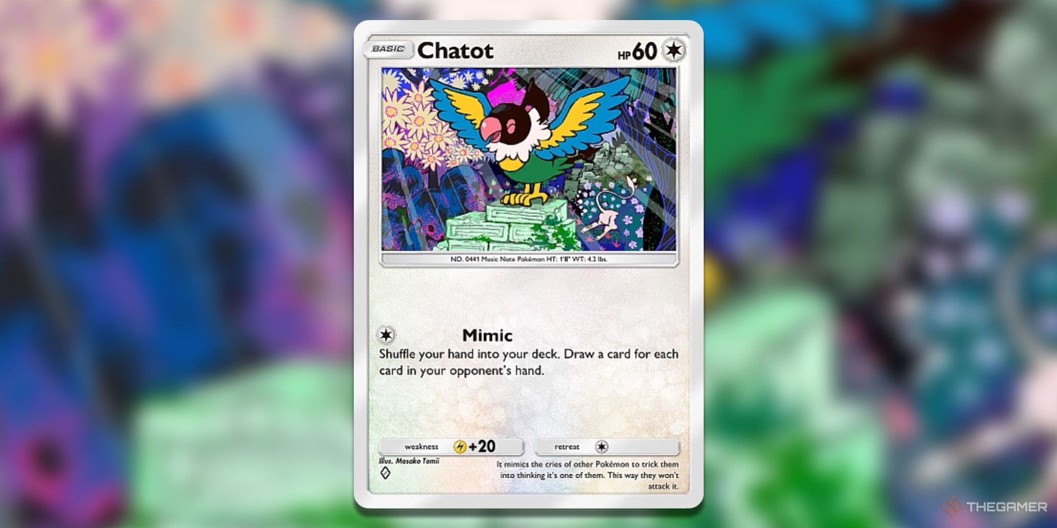 Chatot Mythical Island Pokemon TCG Pocket Card Art.