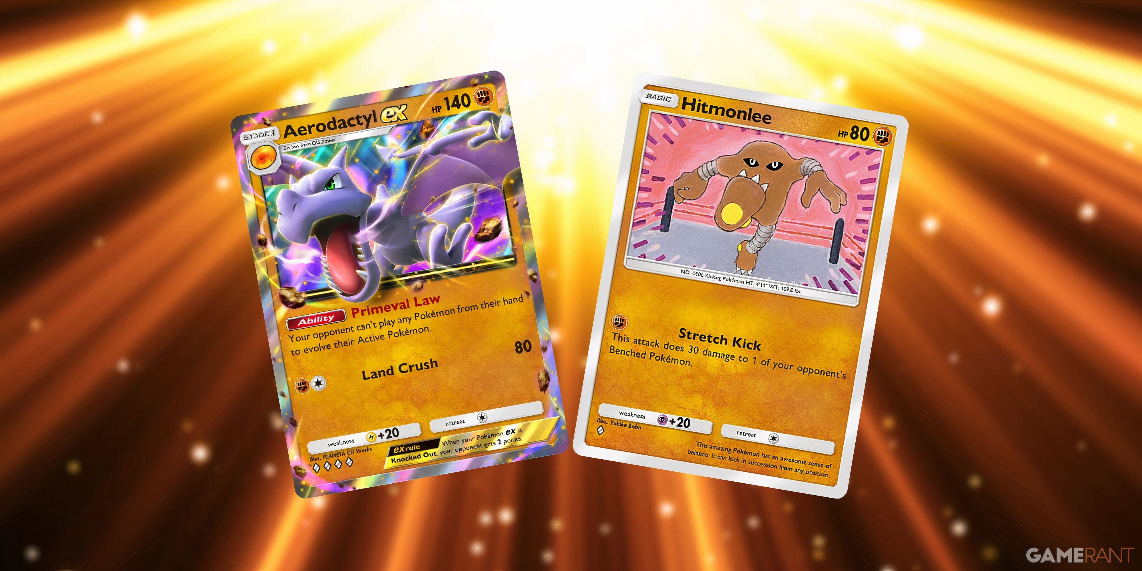 hitmonlee and aerodactyl ex in pokemon tcg pocket.