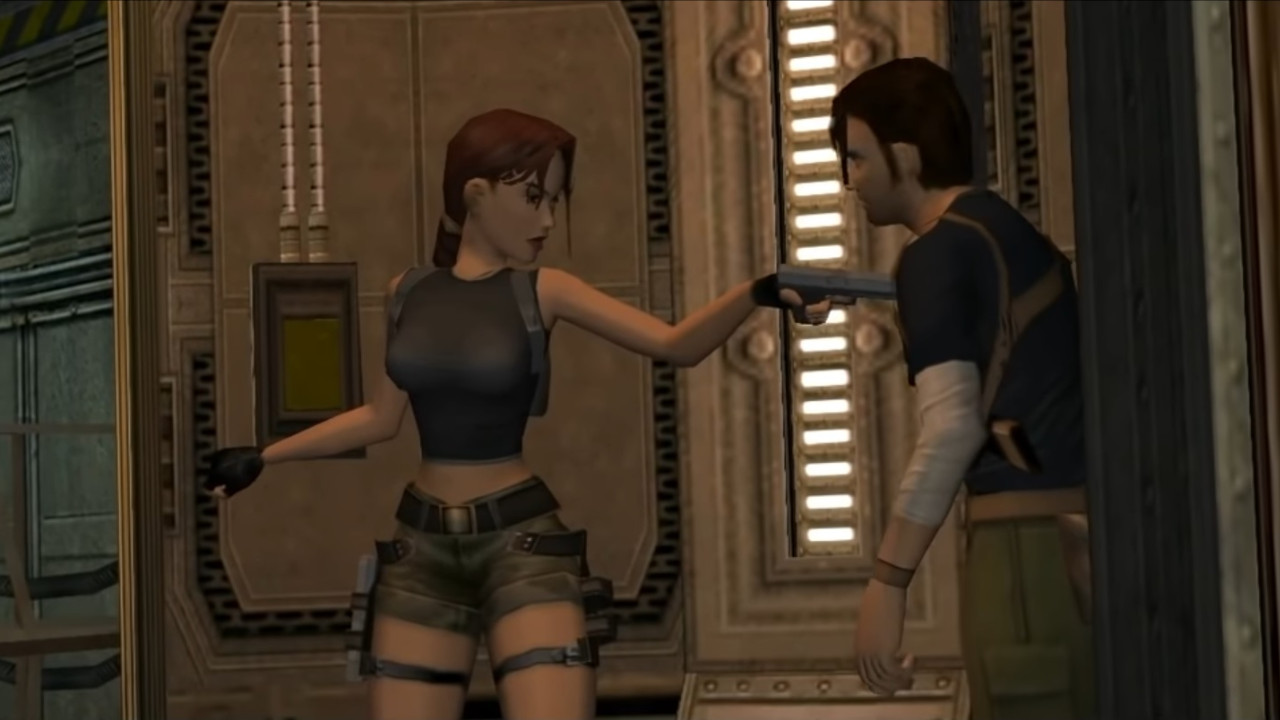 Lara Croft threatens Kurtis Trent with a pistol in Tomb Raider: The Angel of Darkness