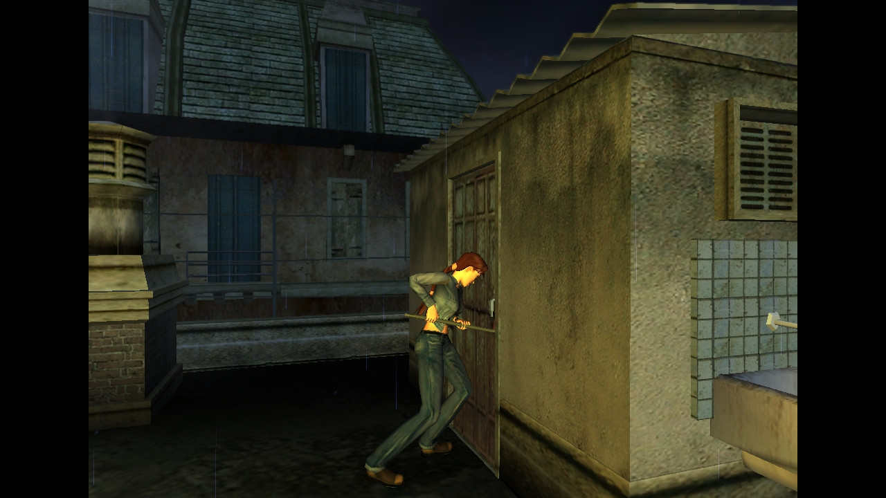 On a rooftop, Lara Croft uses a crowbar to open a door in Tomb Raider: The Angel of Darkness