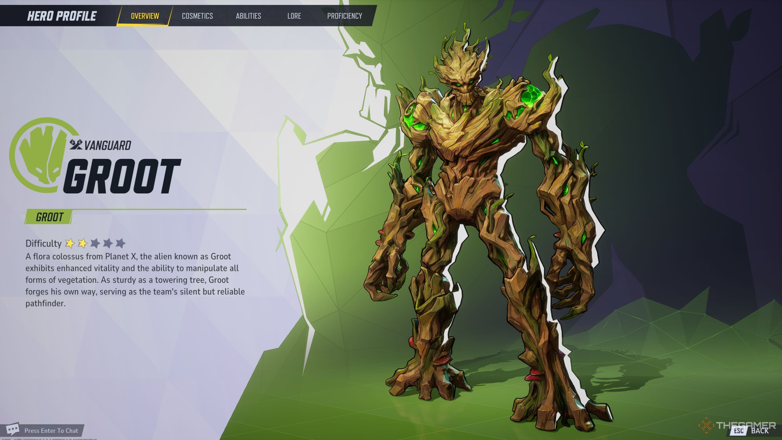 Marvel Rivals Groot character description screen.