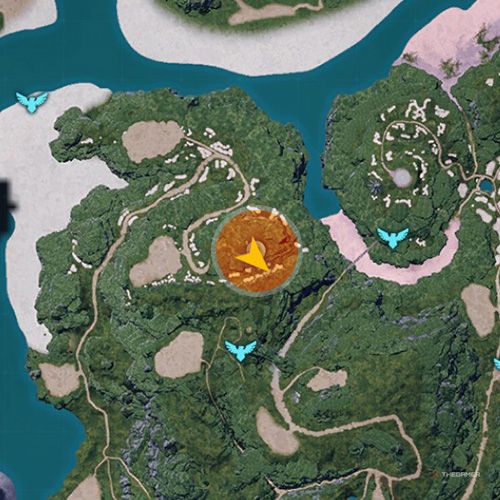 An orange circle shows the location of the Predator Pal, Mossanda in Palworld