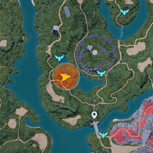 An orange circle shows the location of the Predator Pal, Tarantriss in Palworld