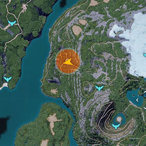 An orange circle shows the location of the Predator Pal, Dinossom in Palworld