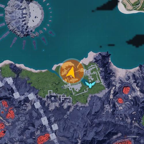 An orange circle shows the location of the Predator Pal, Gildane in Palworld