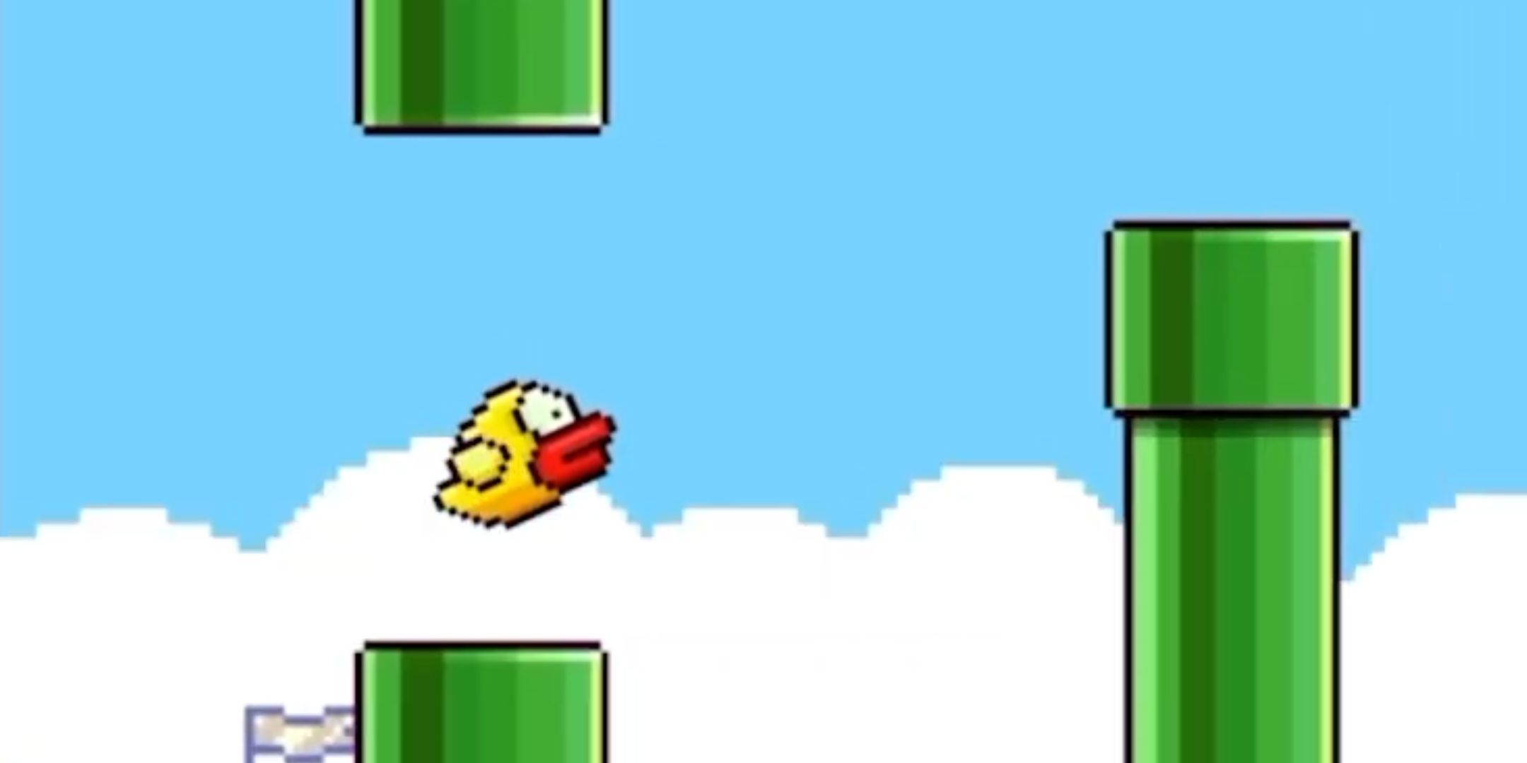 A screenshot from the new Flappy Bird, showing the bird flying through pipes