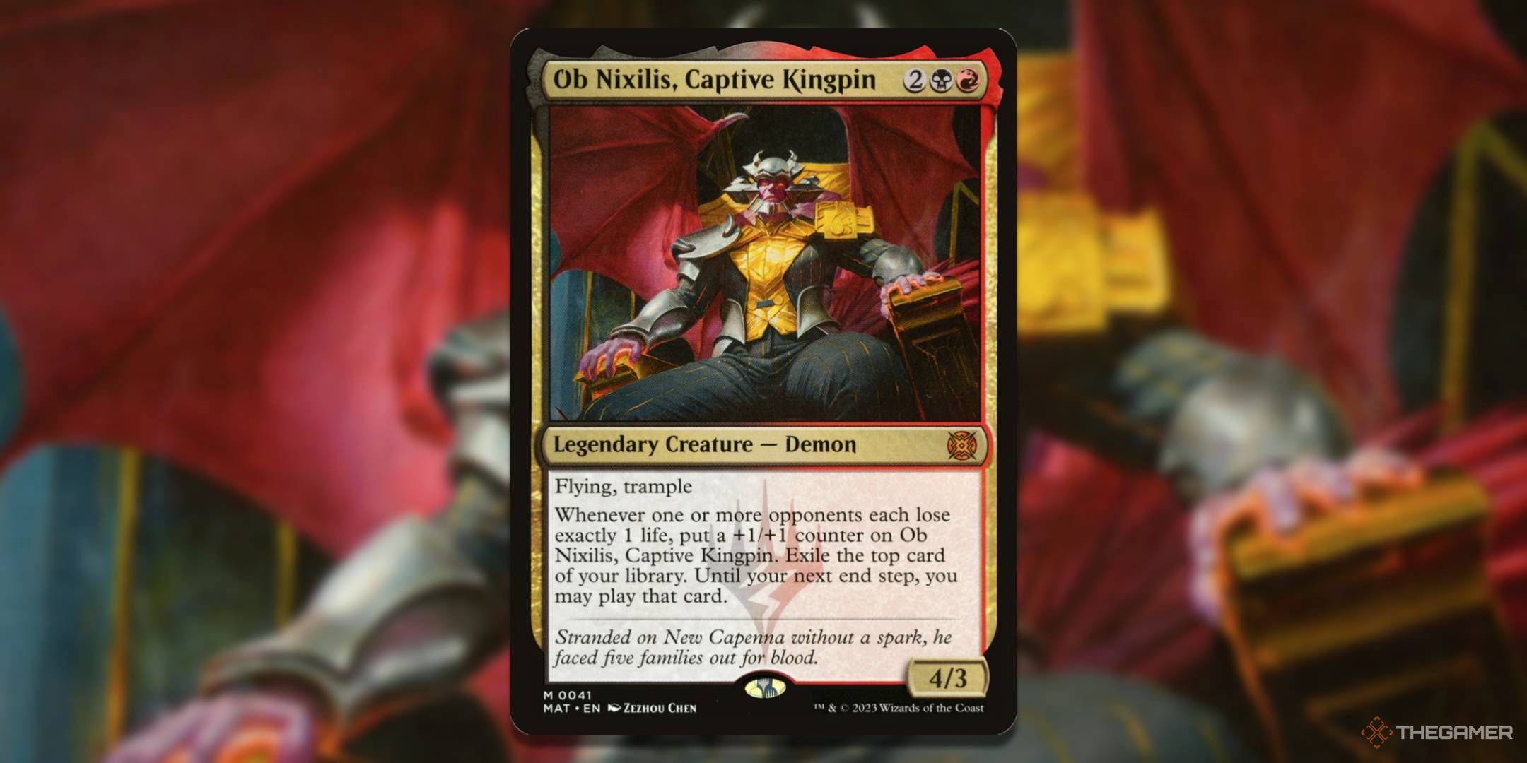 MTG Ob Nixilis, Captive Kingpin card with the art in the background.