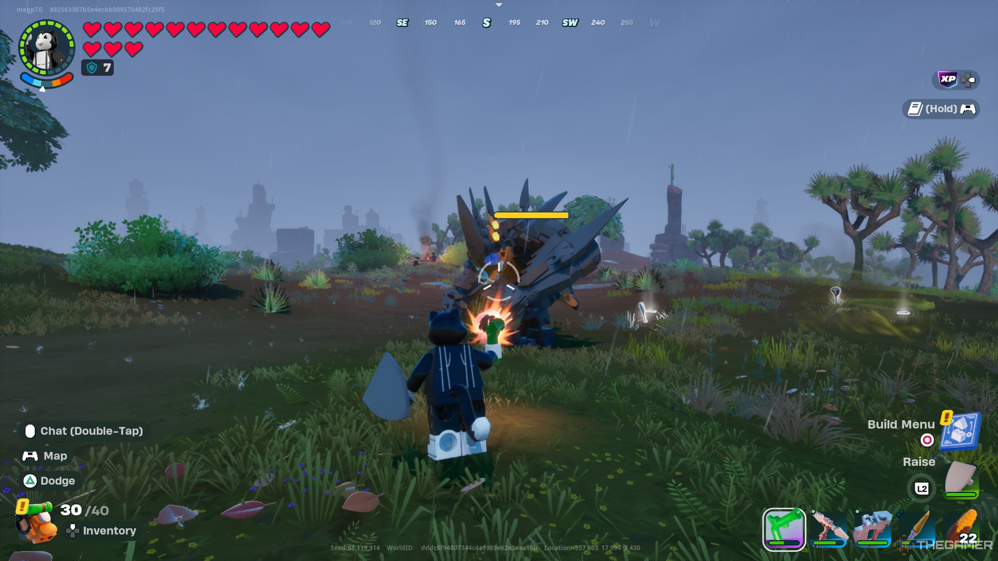 Toon Meowscles firing at a Brute in Lego Fortnite Odyssey.