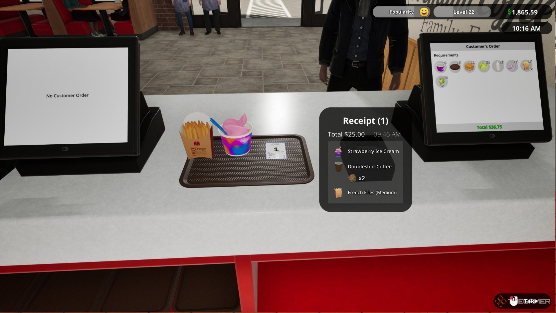 The image shows a doubleshot coffee order in Fast Food Simulator.