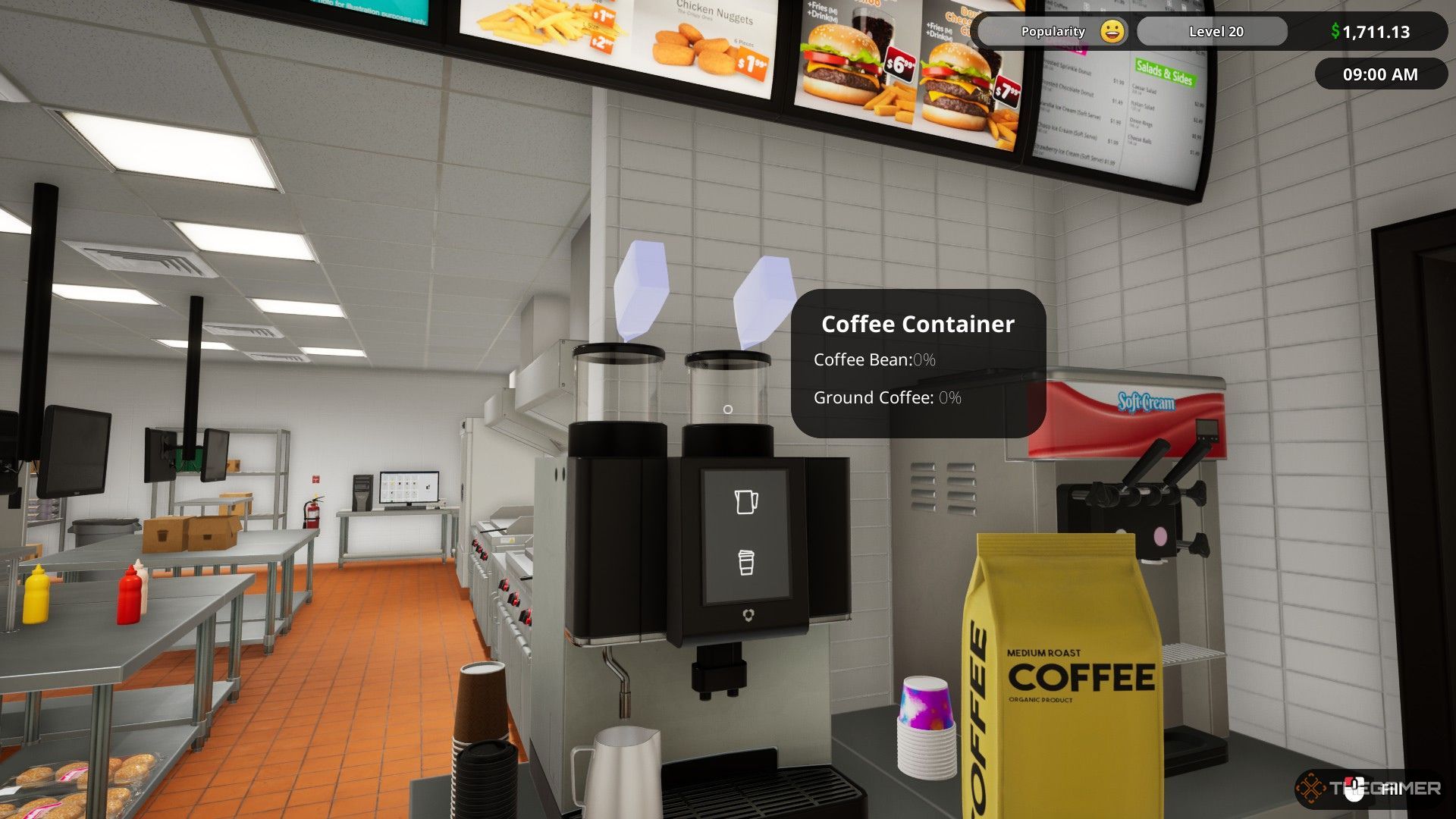 The player putting coffee beans in the coffee container in Fast Food Simulator.