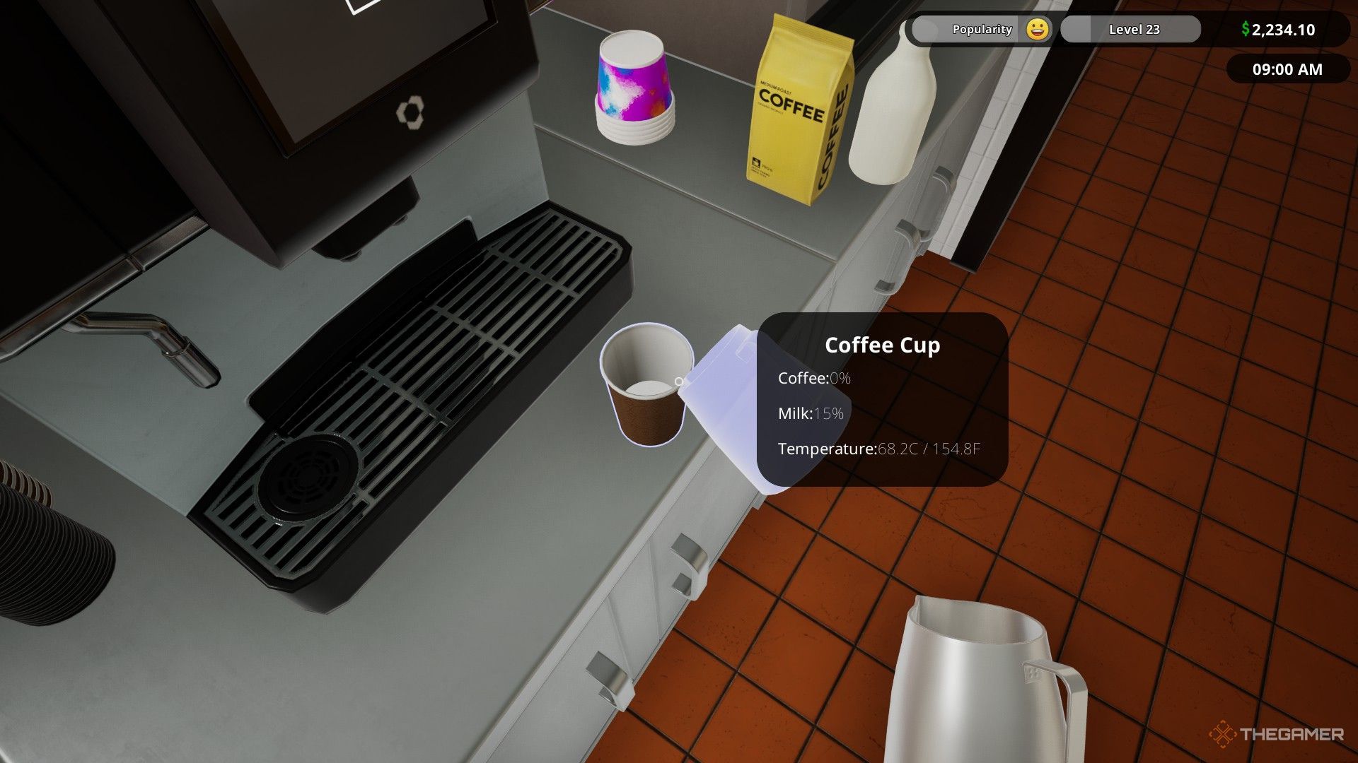 The player pouring frothed milk into a coffee cup in Fast Food Simulator.