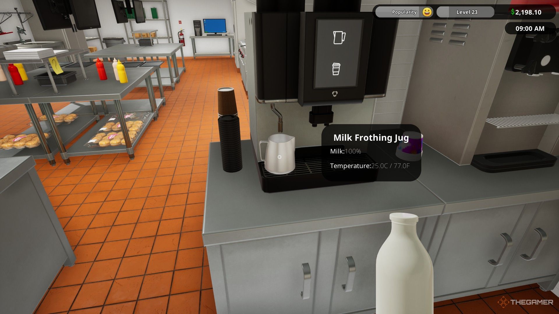 The player pouring milk into the milk frothing jug in Fast Food Simulator.