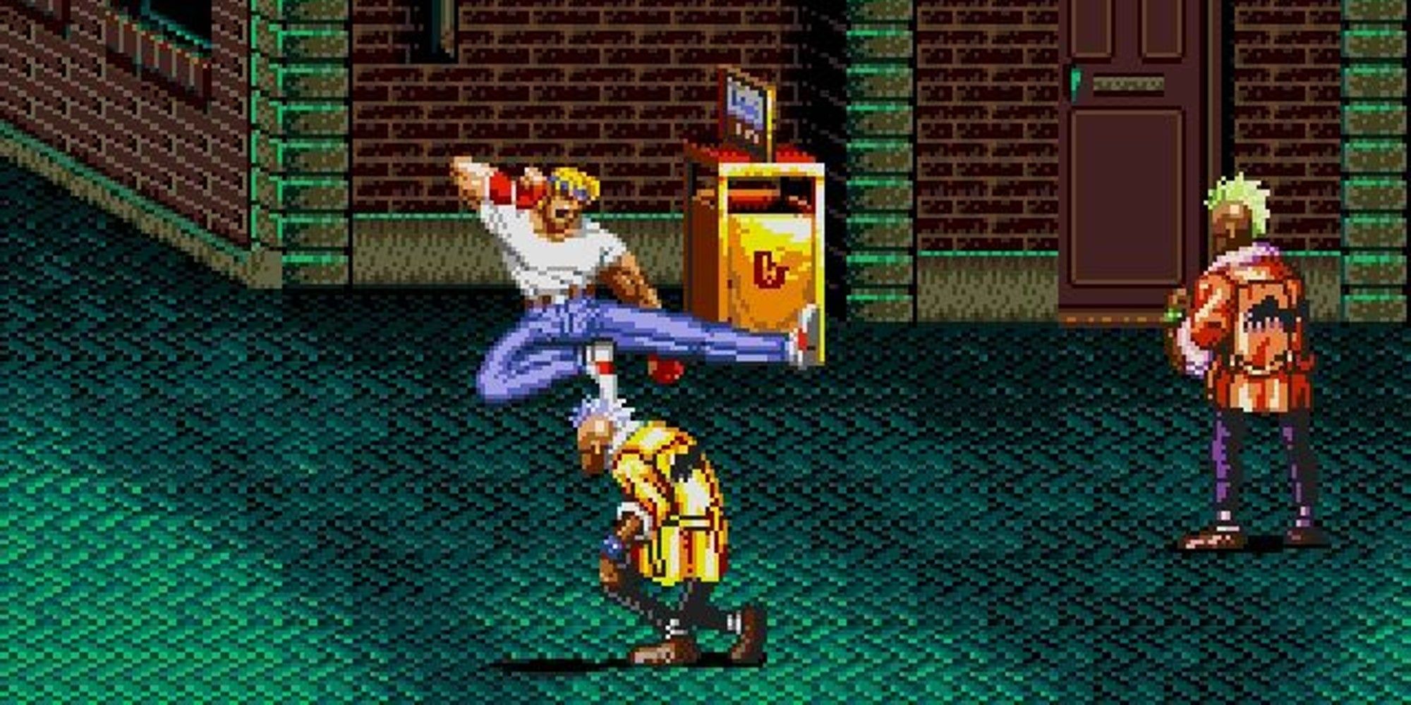 Axel jump kicking an enemy on the street.