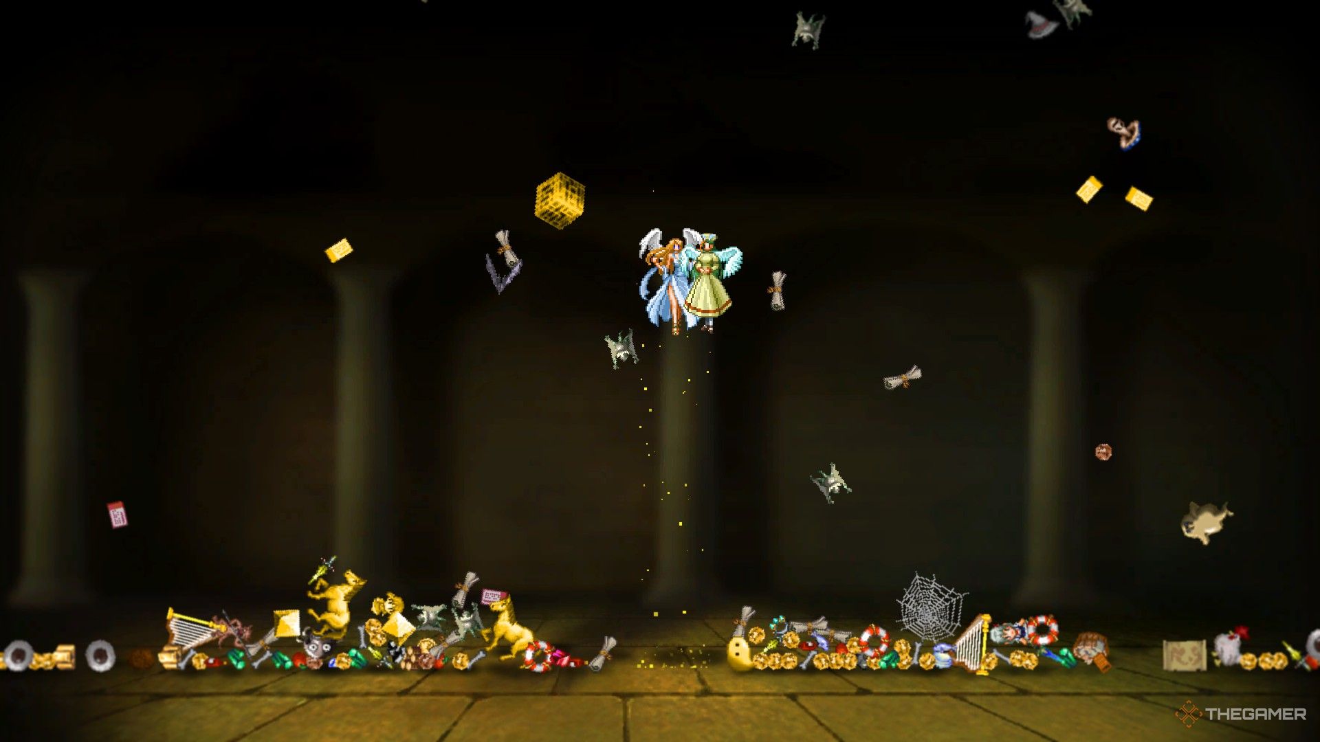 A player in Elin examines their treasure hoard, containing lots of gold and various miscellaneous loot. 