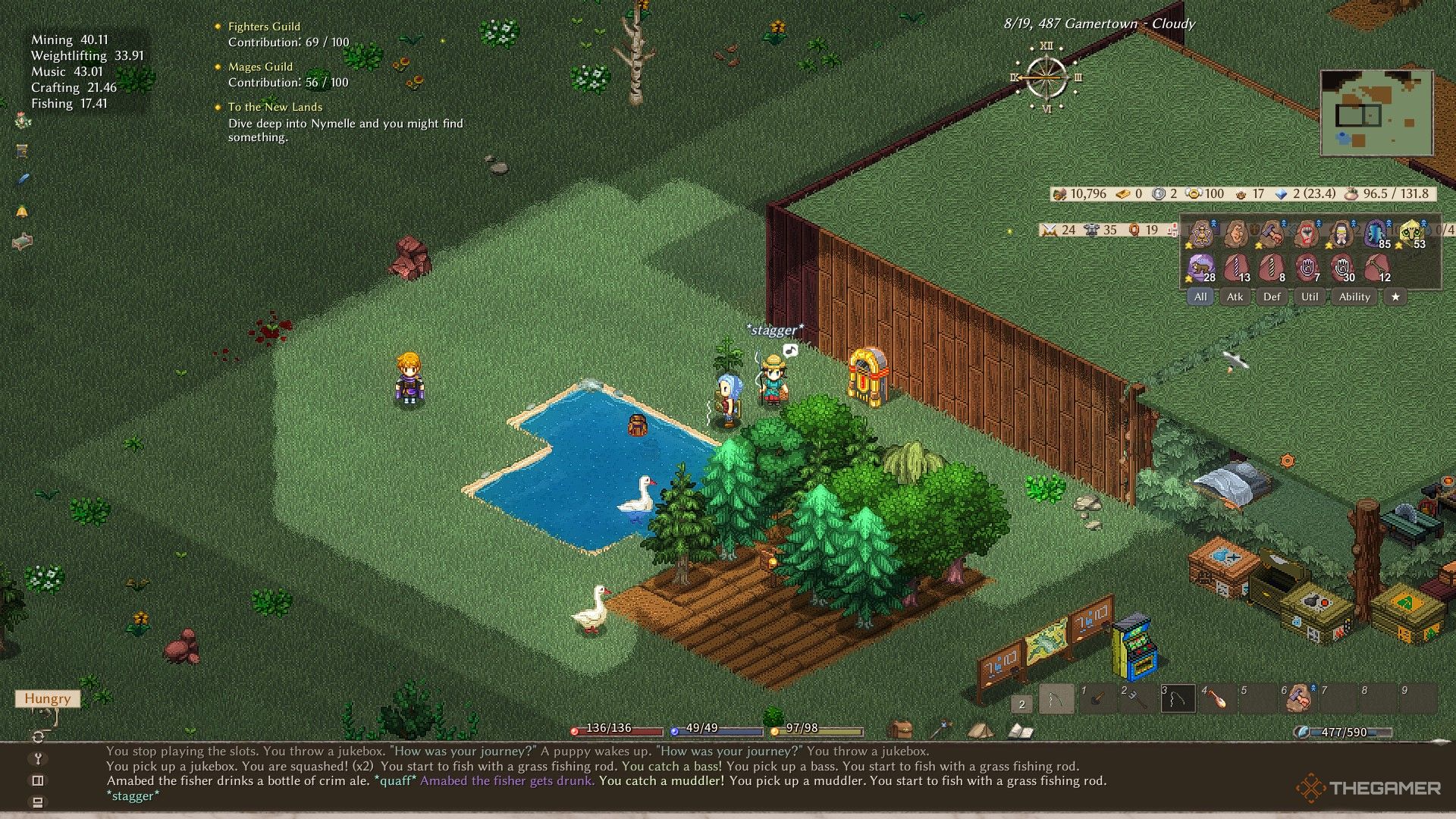 A player in Elin fishes in a pond alongside managing an adjacent tree farm. 