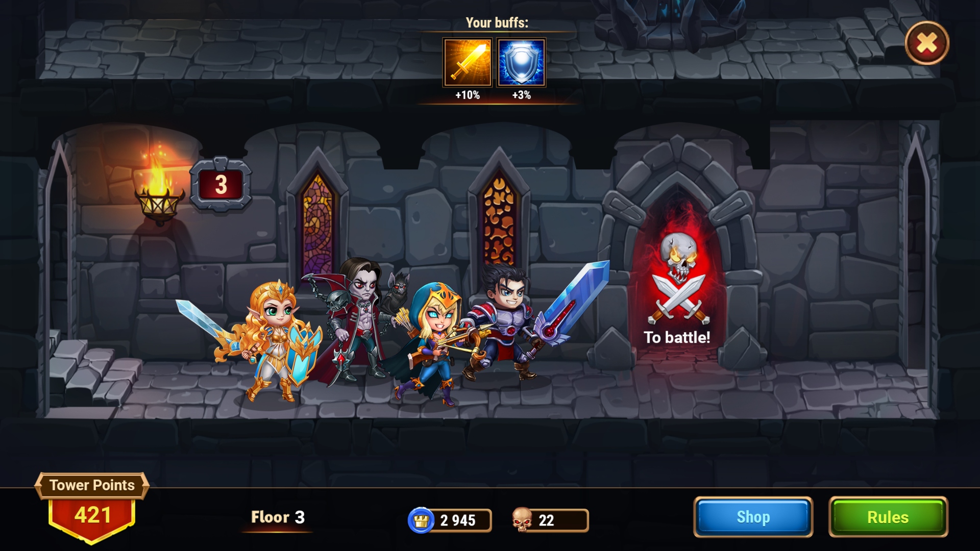 Best clicker games: Hero Wars. A screenshot shows a party embarking on a quest in a dungeon.