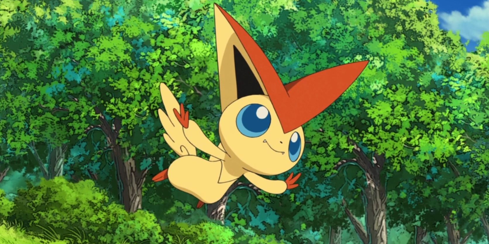 Victini unova mythical pokemon fire psychic flying through the forest in the Pokemon anime.