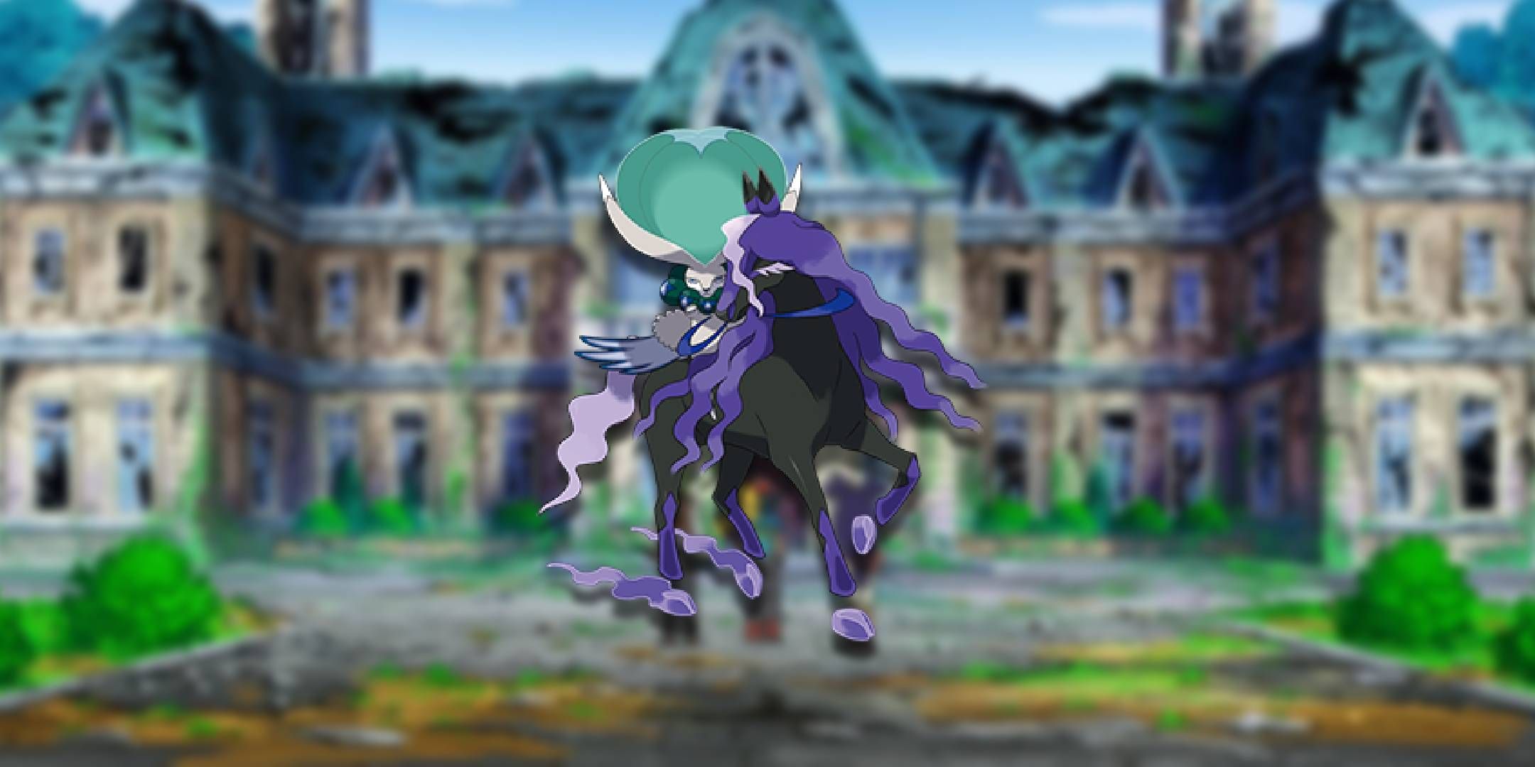 The Pokemon Calyrex - Shadow Rider Form before a haunted mansion.