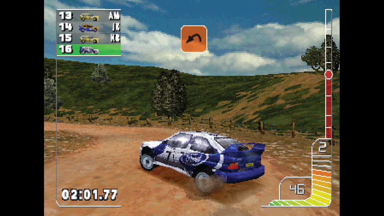 Remaining at high speed and drifting around a dirt corner in Colin McCrae Rally for PS1