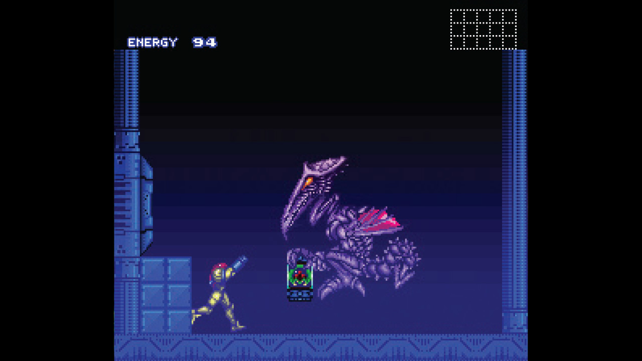 Ridley, a large pterodactyl-like space pirate, steals a metroid in jar in Super Metroid as Samus tries to stop him