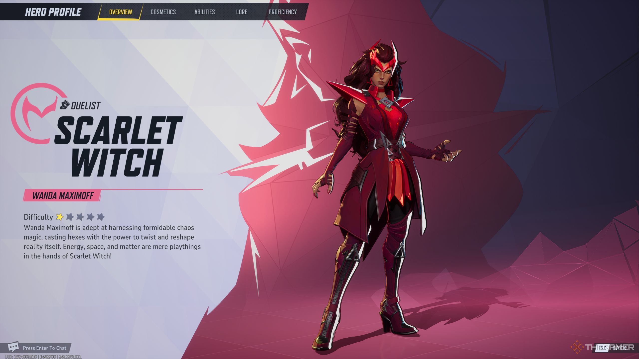 Marvel Rivals Scarlet Witch character description screen.