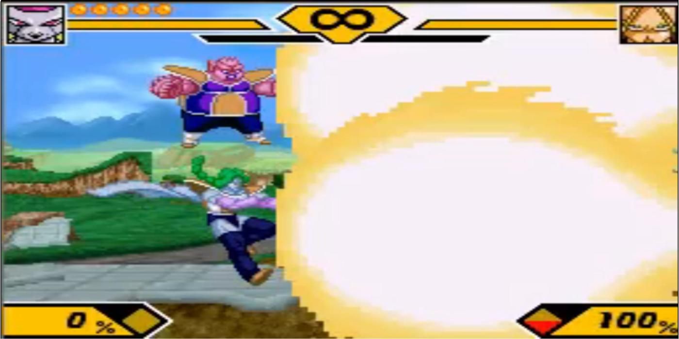 Supersonic Warriors 2 screenshot of Dodoria and Zarbon firing yellow blasts.