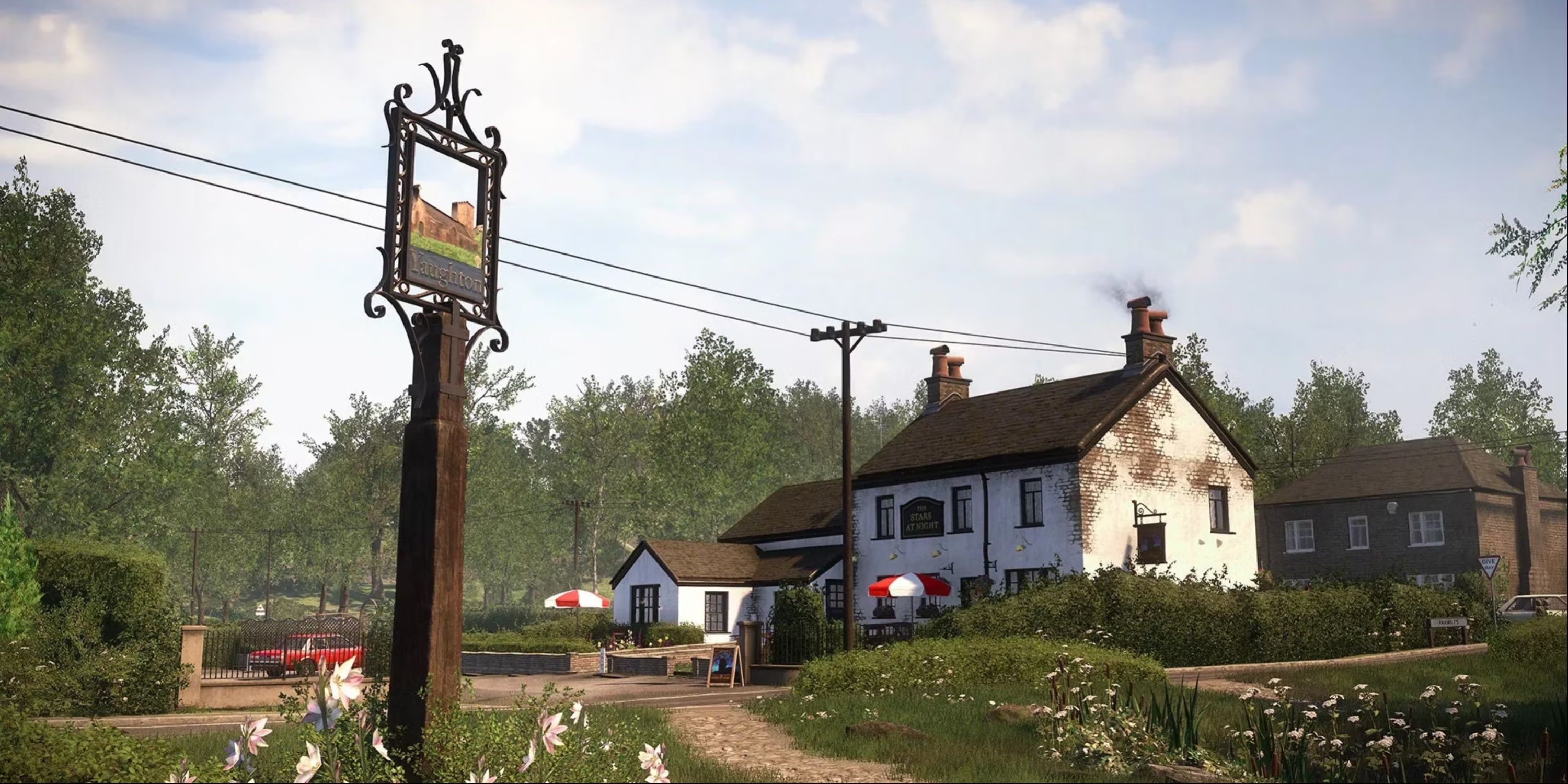 Everybody's Gone To The Rapture screenshot of Yaughton Sign with a Stars At Night Establishment in the background.