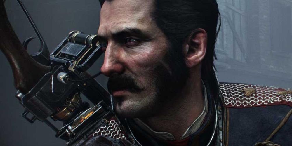 A close up of the side of Grayson from The Order: 1886's face, with a gun slung over his shoulder.