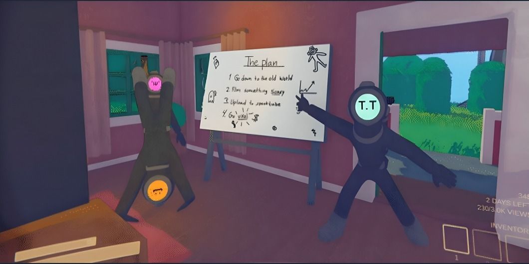 Three players in front of the Plan Board in Content Warning.