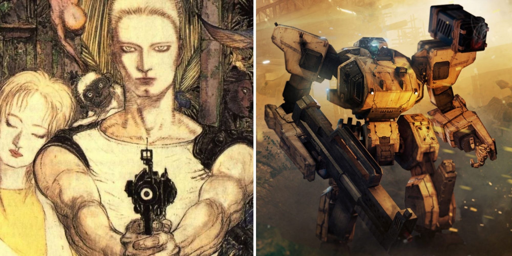 Collage of Royd and mech side by side in Front Mission 1st: Remake.