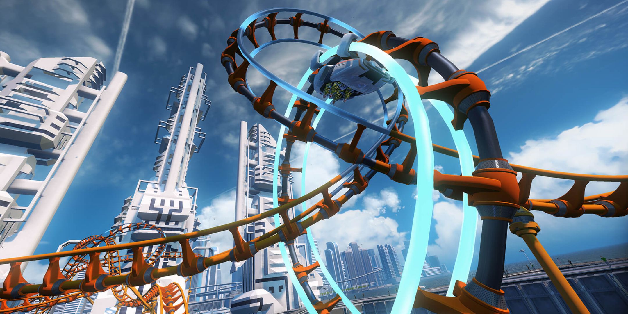 ScreamRide screenshot of someone going around a loop of a coaster.