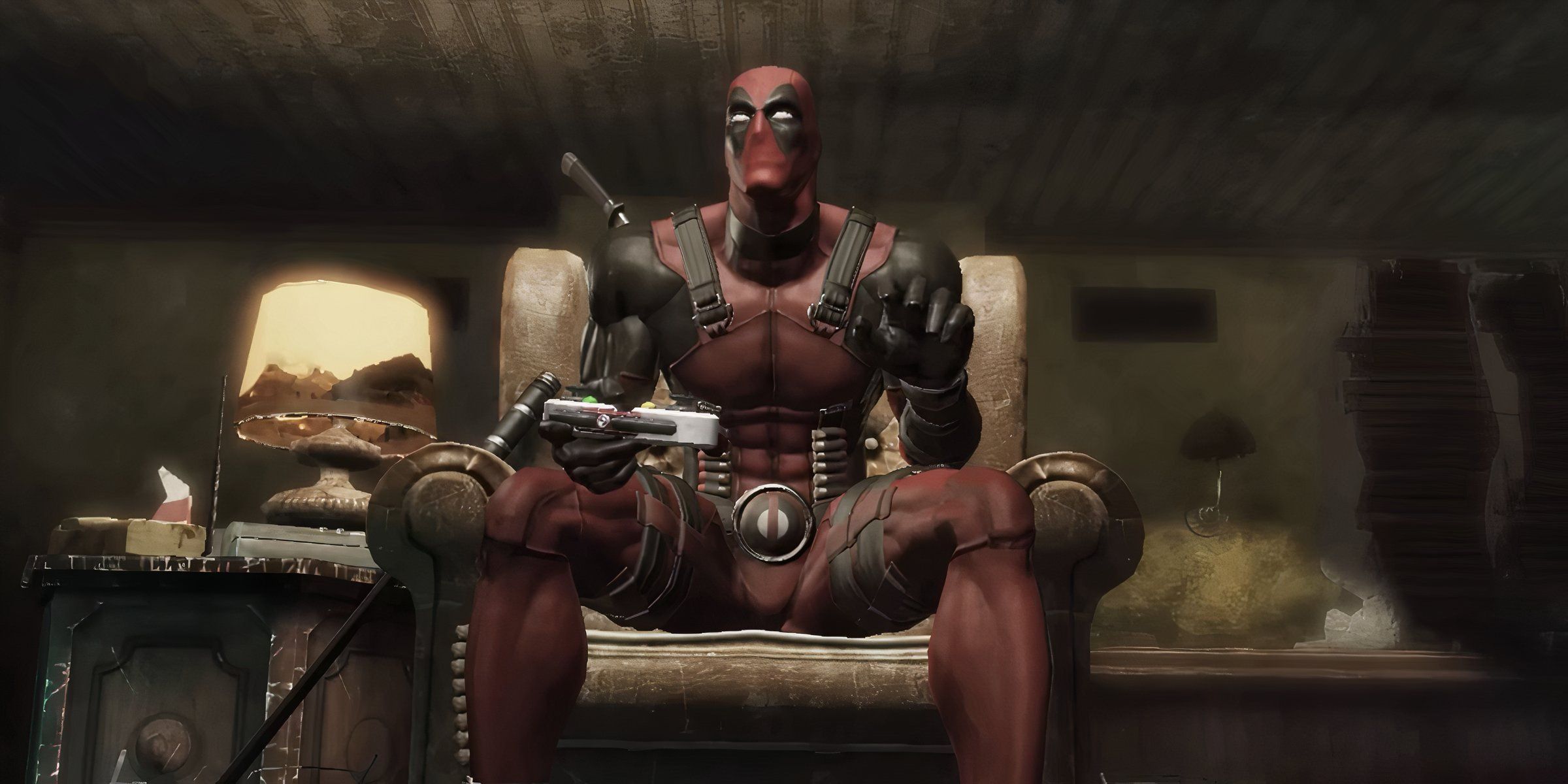 Deadpool Playing Video Games In His Room In Deadpool (Video Game, 2013).