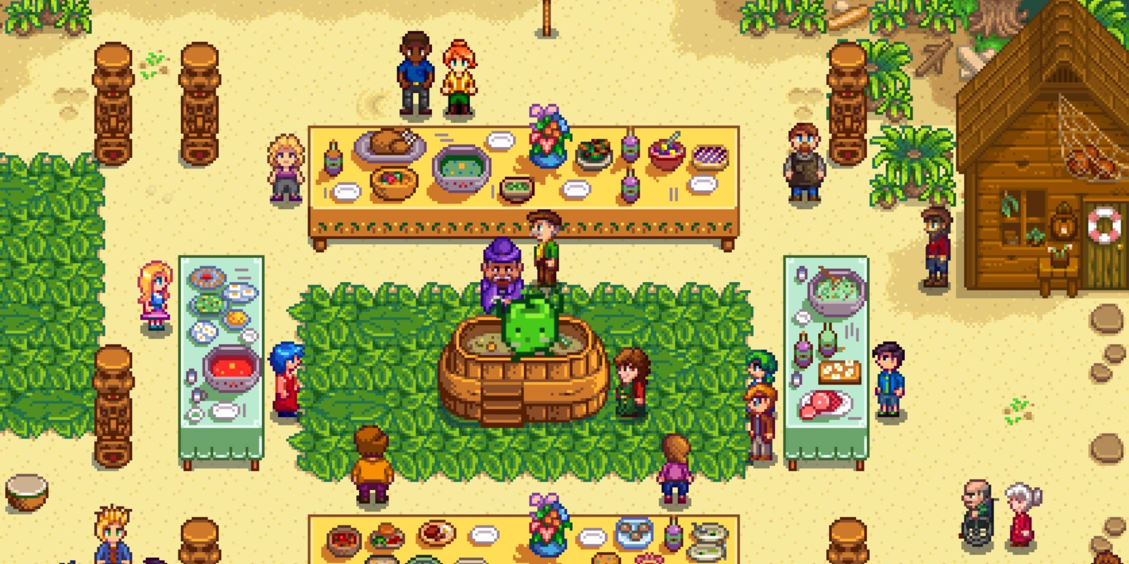 A Junimo dancing at the luau in Stardew Valley