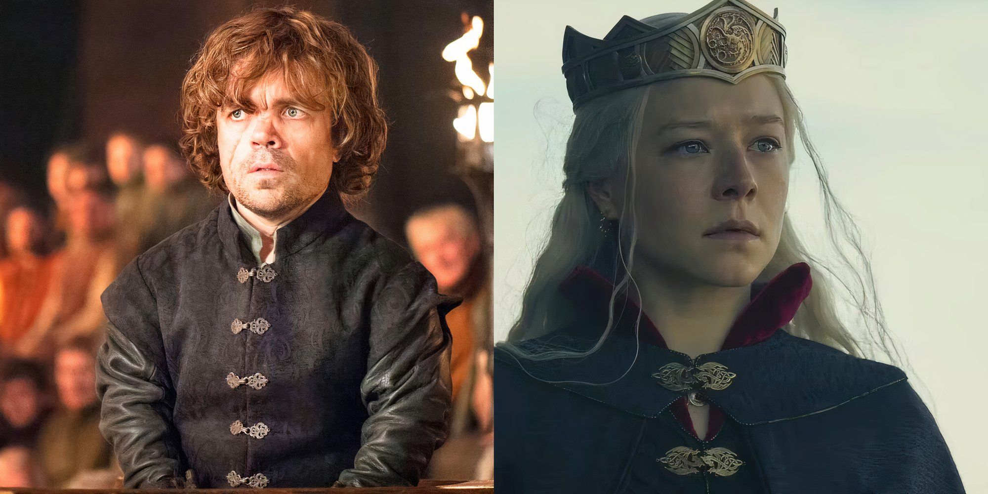 Tyrion Lannister at trial in Game of Thrones and Rhaenyra Targaryen crowned as Queen in House of the Dragon.