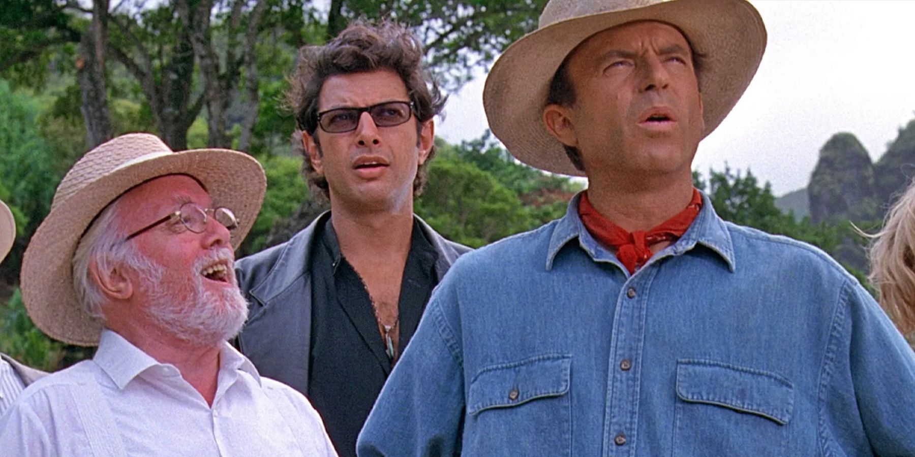 richard attenborough, jeff goldblum, sam neill in jurassic park scene