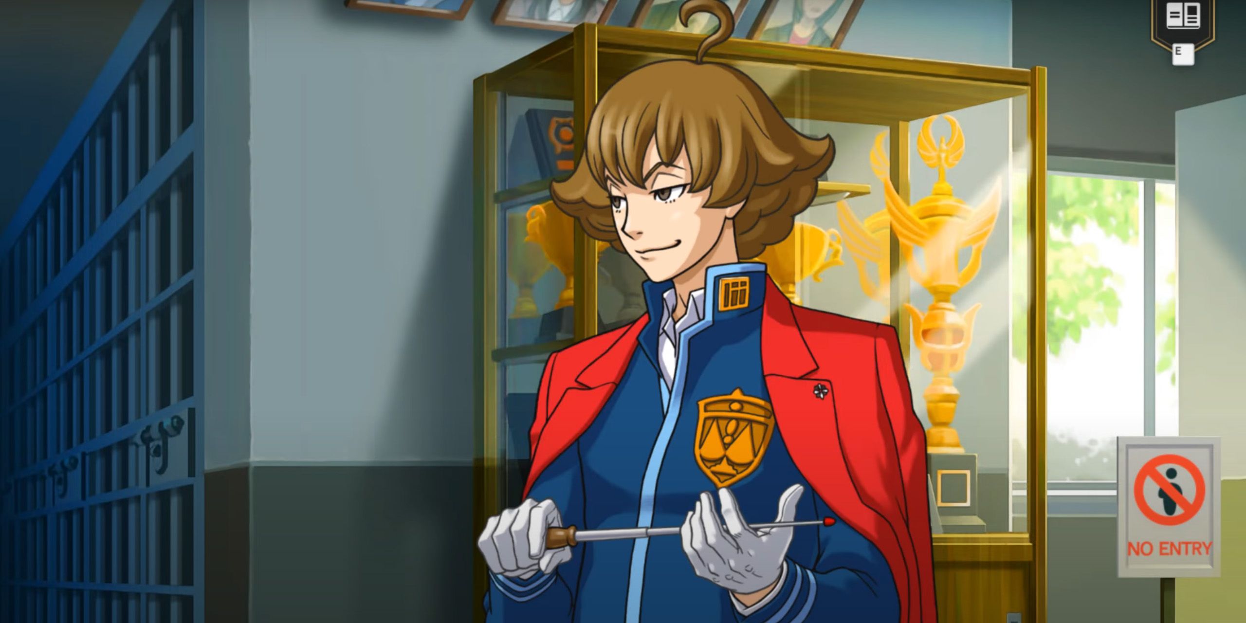 Eustace Winner holding a baton in the Detention Center from Ace Attorney Investigations 2.