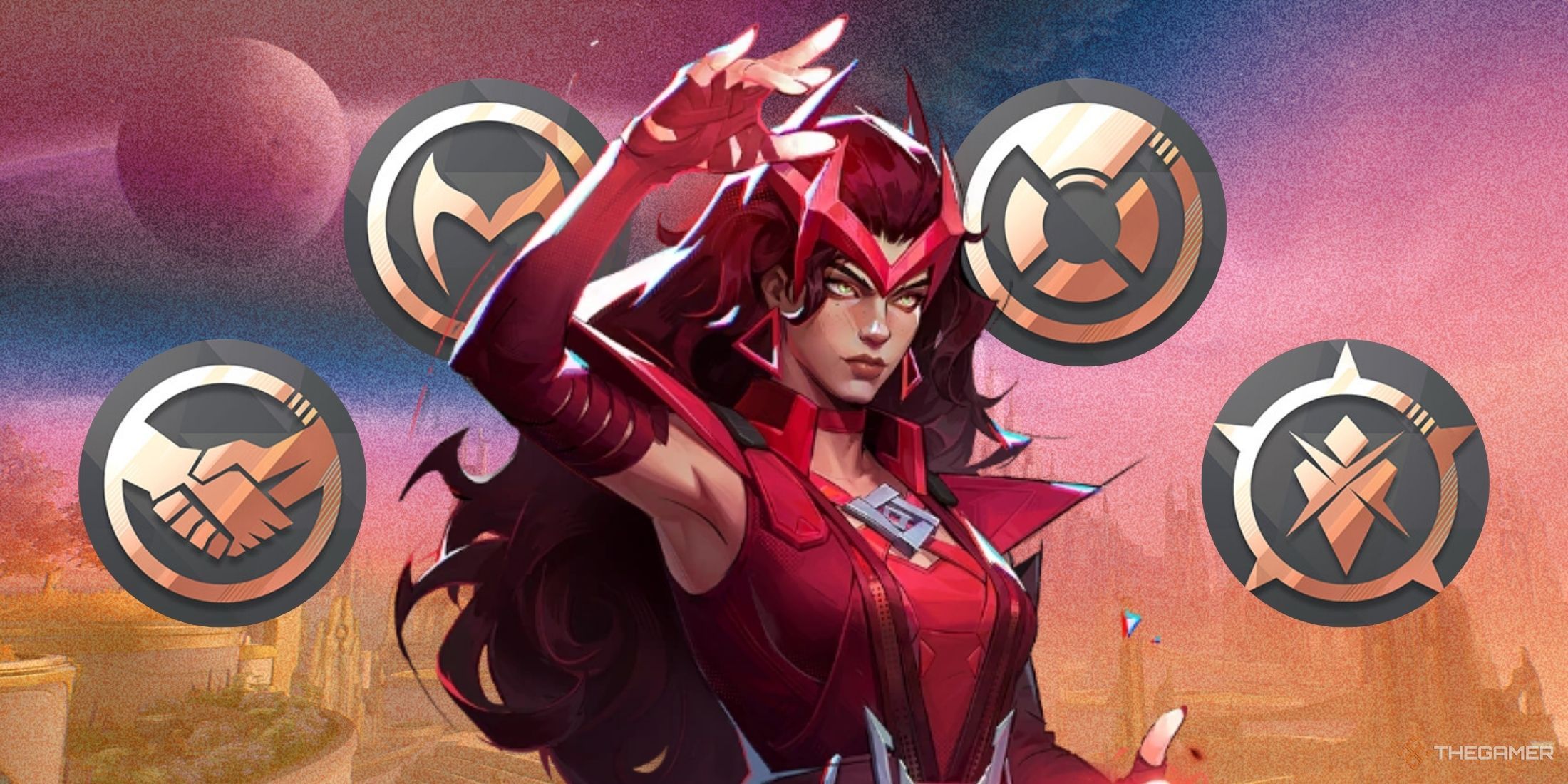 A photo of Wanda posing with achievements in Marvel Rivals. 