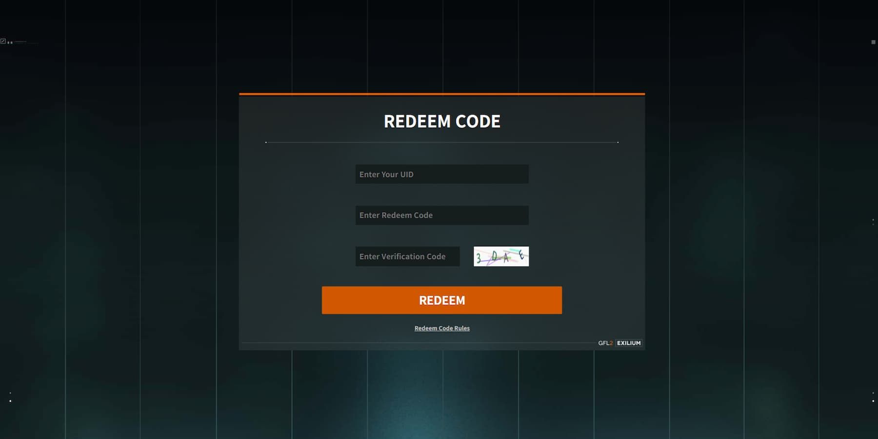 Website code redemption menu for GFL2