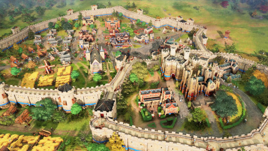 Age of Empires 4 cheats: a top-down view of a civilization with large walls 